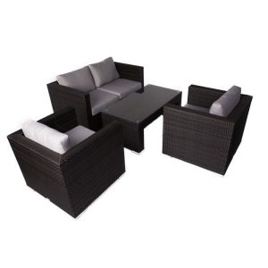 Chelsea Rattan Sofa Set With Glass Table - Two Arm Chairs & Sofa - Brown With Light Grey Cushions Included - Lbch