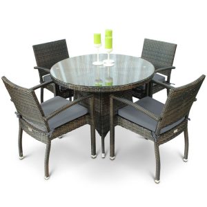 Chelsea Rattan Round Glass Table & 4 Arm Chairs - Black & Brown Weave - With Cushions - Lbch