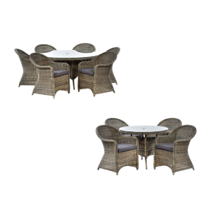 London Rattan Round Glass Table 4 or 6 Arm Chairs Set - Dark Grey Cushions Included - lbln