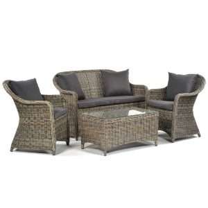 London Rattan 4 Person Sofa Set - Coffee Set - Glass Table - Grey/Brown Weave - Lbln